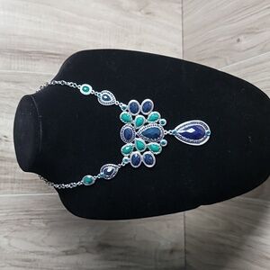 Necklace Multicolored Art Teal And Blue On Silver Toned Boho Chic